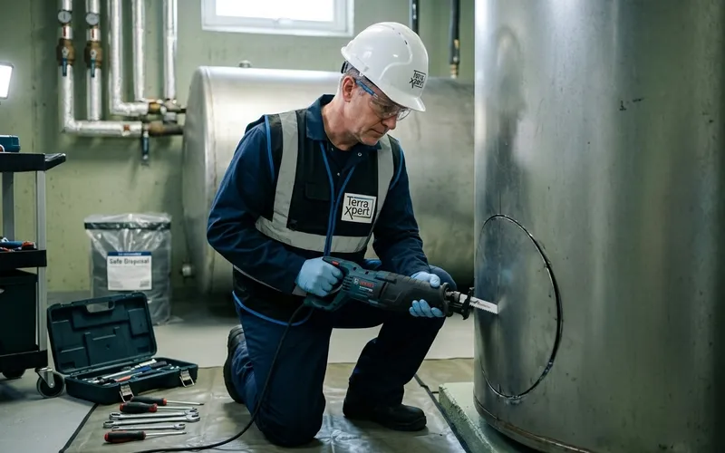 Demontage eines Batterie-Kunststofftanks in einem Keller in Werne